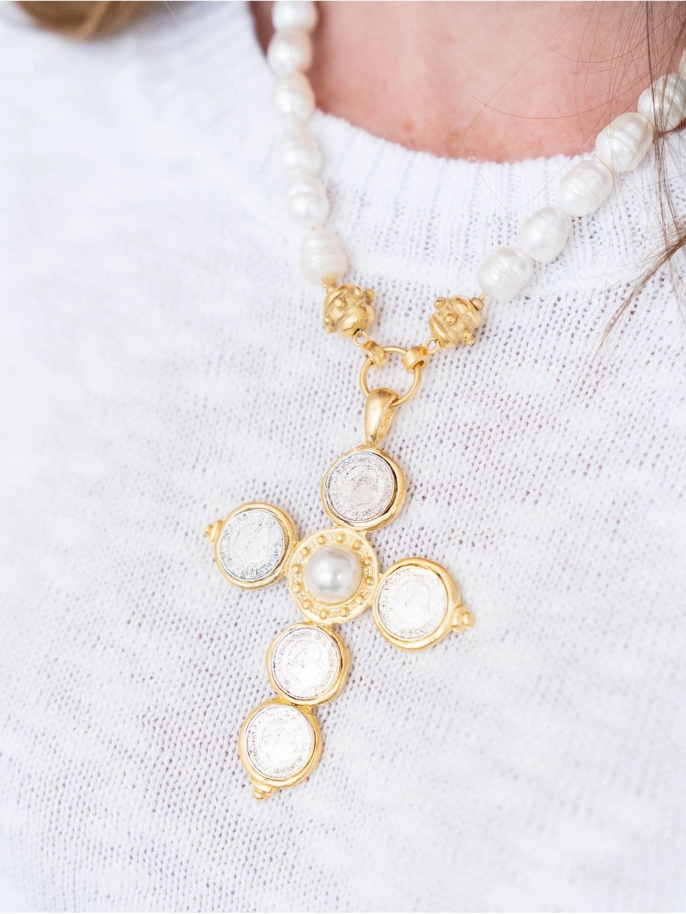Gold Cross Pendant Pearl Accent Necklace - White Pearl Bead Strand
